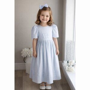 Strasburg Blue Dress 100% Cotton Linen Size 6 Hand Embroidery French Tucks RARE